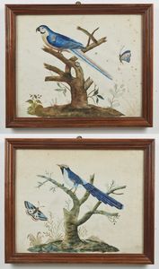 RAINERI CARLO ANTONIO (1765 - 1826) - Nello stile di. Coppia di dipinti raffiguranti paesaggi con uccelli.
