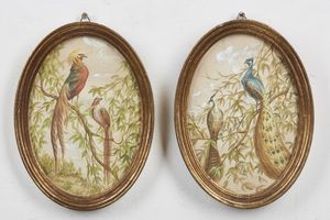 ARTISTA DEL XIX SECOLO - Coppia di dipinti raffiguranti paesaggi con uccelli.