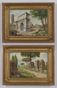 ARTISTA DEL XIX SECOLO - Coppia di dipinti raffiguranti l'Arco di Tito e le rovine sulla Via Appia.