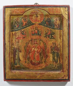 Icona russa del XIX secolo - Cristo Angelo del Beato Silenzio in trono con santi e cori angelici.
