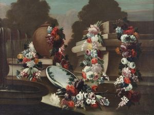 LOPEZ GASPARE (1650 - 1732) : Natura morta con ghirlanda di fiori.  - Asta Asta 339  Arte antica e del XIX secolo (online) - Associazione Nazionale - Case d'Asta italiane