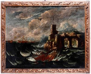 Scuola del XVIII secolo Paesaggio costiero con naufragio  - Asta Dipinti Antichi | Cambi Time - Associazione Nazionale - Case d'Asta italiane