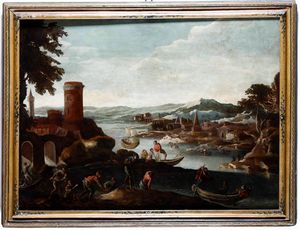 Scuola del XVIII secolo Veduta di porto con imbarcazioni  - Asta Dipinti Antichi | Cambi Time - Associazione Nazionale - Case d'Asta italiane