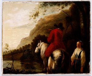 Aelbert Cuyp (1620 - 1691), ambito di Fanciulla e uomo a cavallo  - Asta Dipinti Antichi | Cambi Time - Associazione Nazionale - Case d'Asta italiane