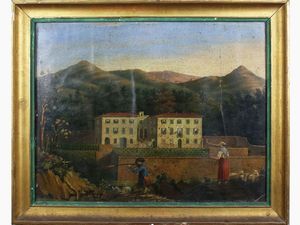 Scuola toscana del XIX secolo - Veduta di villa con pastorella e cacciatore