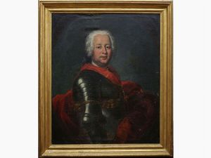 Giuseppe Antonio Fabbrini - Ritratto virile in armatura con busto di profilo e testa in posa frontale con drappo rosso