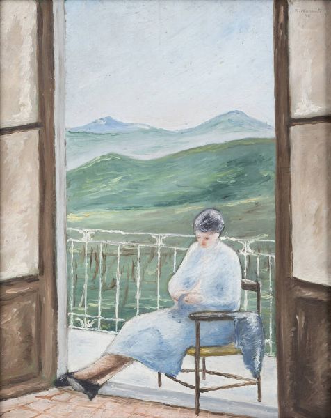 ROMANO ROMITI Firenze 1906-951 Milano : Donna seduta al balcone 1932  - Asta Asta 190 Dipinti - Associazione Nazionale - Case d'Asta italiane