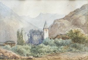 VITTORIO BUSSOLINO Torino 1853 - 1922 - Paesaggio con chiesetta 1872