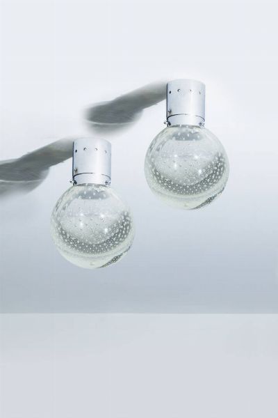 SEGUSO : Coppia di lampade da soffitto in vetro bulicante e ottone. Anni '50 cm 24  - Asta Asta 192 Illuminazione - Associazione Nazionale - Case d'Asta italiane