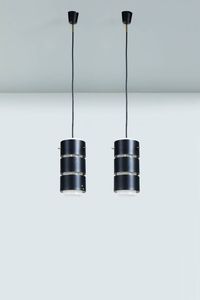 STILUX - Coppia di lampade a sospensione in metallo verniciato e vetro opalino. Anni '50 diffusore h cm 33