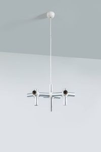 ROBERT HAUSSMANN - Lampadario composto da tubi in acciaio terminanti con luci. Prod. Swiss Lamp anni '60 cm 30x50