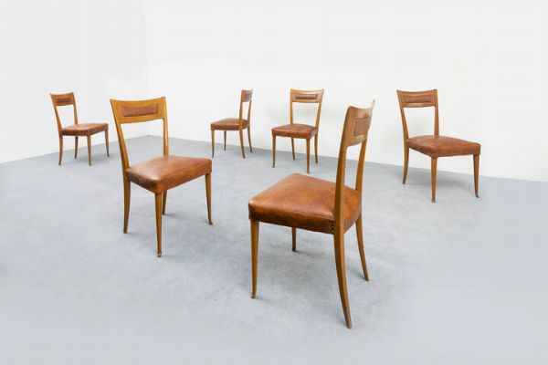 VITTORIO DASSI : Sei sedie in legno  imbottitura rivestita in skai. Anni '50 cm 53x47x44  - Asta Asta 193 Design - Associazione Nazionale - Case d'Asta italiane