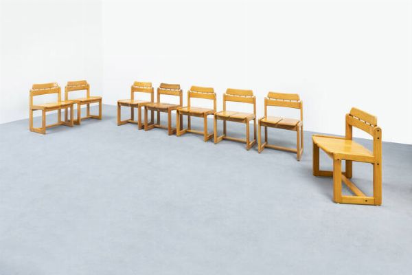 ILMARI TAPIOVAARA : Otto sedie in legno di frassino. Prod. F.lle Montina anni '70 cm 74x74x41  - Asta Asta 193 Design - Associazione Nazionale - Case d'Asta italiane