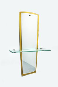 CRISTAL ART - Specchiera in vetro colorato e specchiato  mensola in vetro di forte spessore. Anni '60 cm 152x55x20