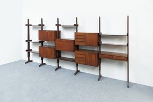 VITTORIO DASSI - Libreria modulare in legno. Prod. Dassi Mobili Moderni Lissone anni '50 cm 205x430x42 Bibl.: Irene de Guttry   [..]