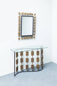 CLIZIA (MARIO GIANI) 1923-2000 - Consolle con specchiera in ferro con placche in terracotta decorata con motivi ornamentali. Anni '60 console cm  [..]