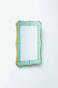 PRODUZIONE ITALIANA - Specchiera con bordo in ottone  cristallo colorato e cristallo specchiato. Anni '50 cm 100x70