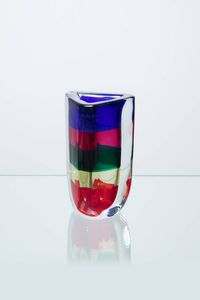 FULVIO BIANCONI - Vaso in vetro di forte spessore con fasce in vetro colorato. Firmato alla punta  etichetta del Produttore Prod.  [..]
