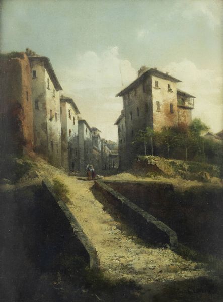 GIUSEPPE CAMINO Torino 1818 - 1890 Caluso (TO) : Paesaggio con case  - Asta Asta 194 Dipinti e sculture - Associazione Nazionale - Case d'Asta italiane