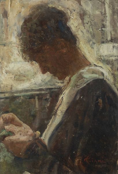 CESARE CIANI Firenze 1854 - 1925 : Donna che cuce  - Asta Asta 194 Dipinti e sculture - Associazione Nazionale - Case d'Asta italiane