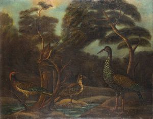PITTORE ANONIMO Fine XVIII secolo - Paesaggio con quaglie e fagiano