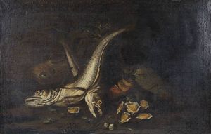 PITTORE ANONIMO DEL XVII SECOLO - Natura morta con pesci XVII secolo