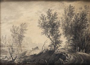 GIUSEPPE PIETRO BAGETTI Torino 1764 - 1831 - Paesaggio in grisaille con cacciatori  1795