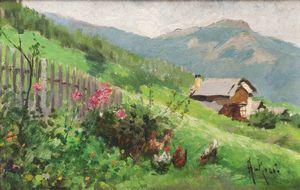 ALBERTO ROSSI Torino 1858 - 1936 - Paesaggio con baita e galline