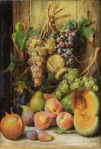 GIUSEPPE FALCHETTI Caluso (TO) 1843 - 1918 Torino - Natura morta con pesche  uva  melone e fiasco 1890