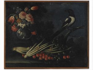 Giuseppe Pesci - Natura morta con fiori, ortaggi, ciliegie e gazza ladra