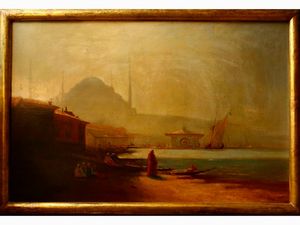 Pittore orientalista della fine del XIX secolo - Veduta del Bosforo (Veduta di Istambul con Santa Sofia sullo sfondo)
