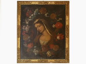 Cerchia di Giovanni Stanchi - Ghirlanda di fiori con il volto della Madonna