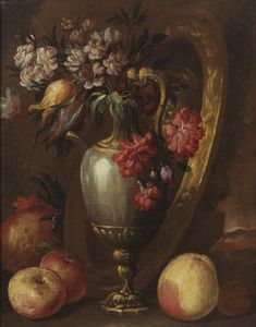 ARTISTA DEL XVIII SECOLO - Natura morta con vaso di fiori e frutta.