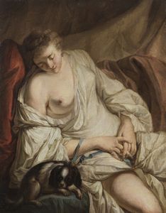 ARTISTA DEL XVIII SECOLO - Ritratto di donna dormiente con cane.