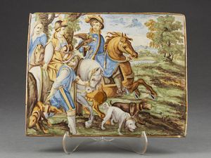 GENTILI IL GIOVANE GIACOMO (1717 - 1765) - Attribuito a. Grande placca in maiolica dipinta a policromia raffigurante una scena di caccia.