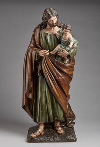 SCULTORE DEL XVIII SECOLO - San Giuseppe con Cristo Bambino in legno policromo.