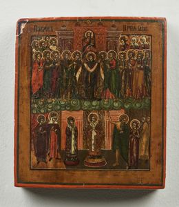 Icona russa del XIX secolo - Cristo in trono, apostoli e santi.