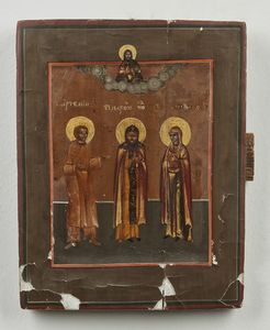 Icona russa del XIX secolo - Santi scelti con il volto di Cristo Pantocrator.