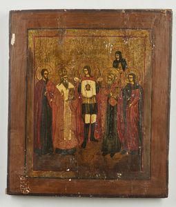 Icona russa del XIX secolo - L'arcangelo Michele mostra ai santi e patriarchi il Madilion.