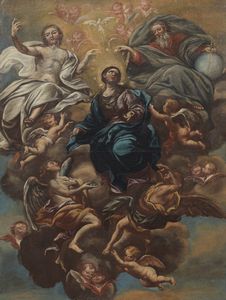 ARTISTA GENOVESE DEL XVII SECOLO - Assunzione della Vergine tra un coro di angeli e la Trinità.