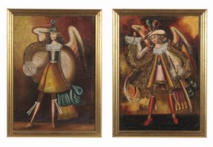 SCUOLA COLONIALE SUDAMERICANA DEL XVII SECOLO - Coppia di dipinti raffiguranti San Michele Arcangelo e San Gabriele Arcangelo.