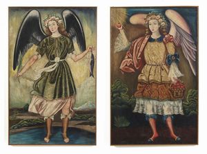 SCUOLA COLONIALE SUDAMERICANA DEL XVII SECOLO - Coppia di dipinti raffiguranti San Raffaele Arcangelo e San Uriele Arcangelo.