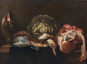 VAN DER KERCKHOVEN JACOB (1636 - 1712) - Attribuito a. Natura morta con cacciagione, cavolo e interiora.