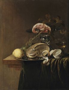 GEERARDS JASPER (1620 - 1654 circa) - Natura morta con nautilus, limoni, prosciutto e calice.