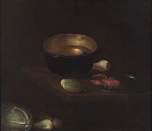 J. C. HUN (XVII-XVIII SECOLO) - Natura morta con verdura e gambero.