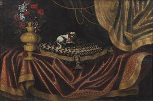 ARTISTA DEL XVII-XVIII SECOLO - Natura morta con tappeto, vaso di fiori e cagnolino.
