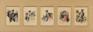 CAMPI GIACOMO (1846 - 1921) - Dipinto composto da cinque fogli raffiguranti macchiette milanesi.