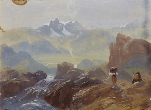 BOSSOLI CARLO (1815 - 1884) - Paesaggio montano con personaggi.