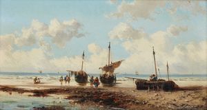 DOVERA ACHILLE (1838 - 1895) - Paesaggio marino con barche e pescatori.