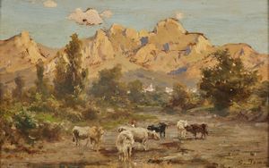 POMA SILVIO (1841 - 1932) - Paesaggio montano con pastorella e gregge.